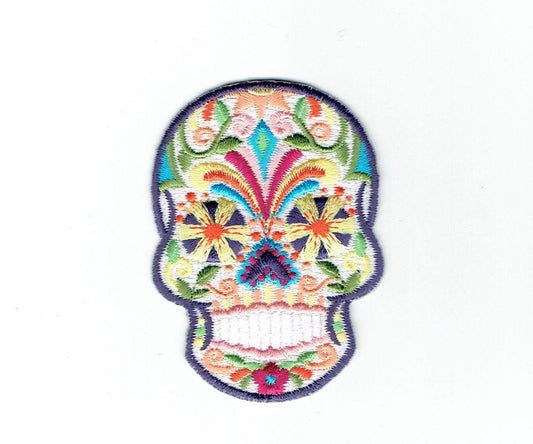 White Sugar Skull - Blue/Yellow Flower Eyes - Day of the dead - Dia de los Muertos - Embroidered Iron on Patch