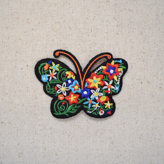 Butterfly - Silhouette with Flowers - Floral - Iron on Applique - Embroidered Patch - 697113-A