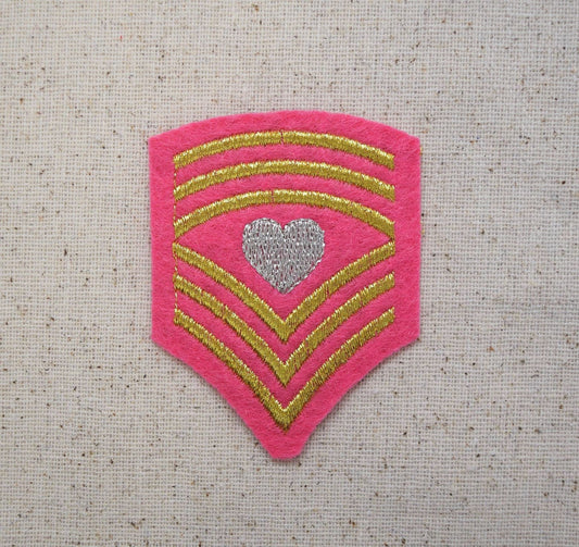 Pink Military Chevron - Shield with Heart - Iron on Applique - Embroidered Patch - 621022-A