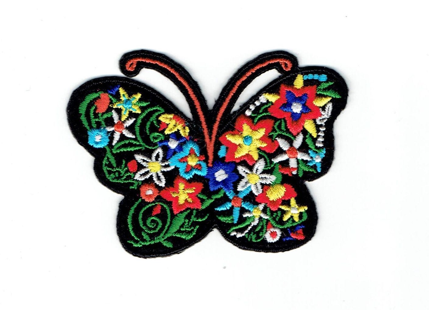 Butterfly - Silhouette with Flowers - Floral - Iron on Applique - Embroidered Patch - 697113-A