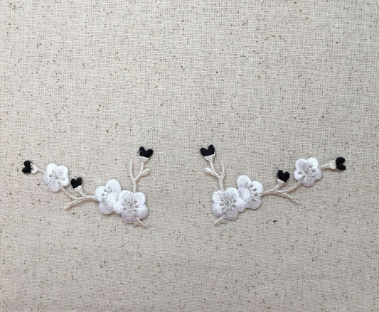 Cherry Blossom - Black/White/Silver Flowers - Cream Stem - LEFT or RIGHT - Iron on Applique - Embroidered Patch - 611517