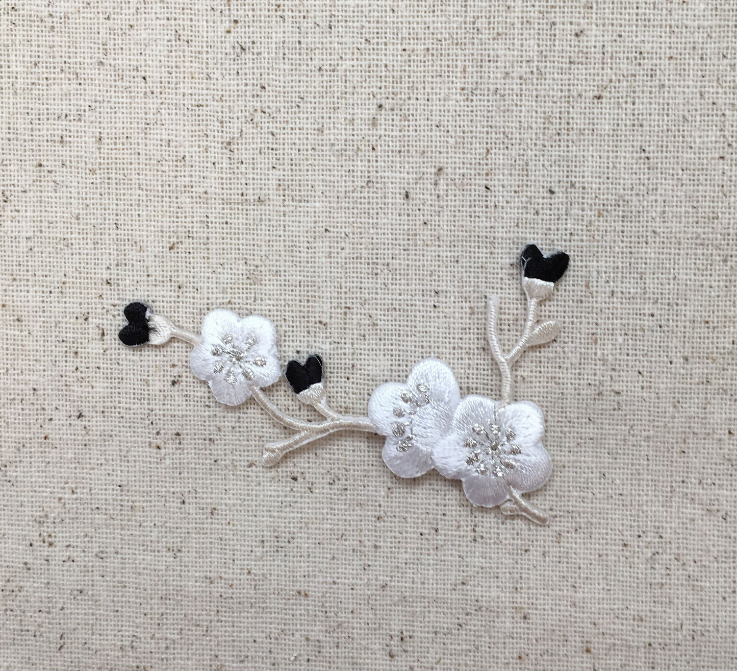 Cherry Blossom - Black/White/Silver Flowers - Cream Stem - LEFT or RIGHT - Iron on Applique - Embroidered Patch - 611517