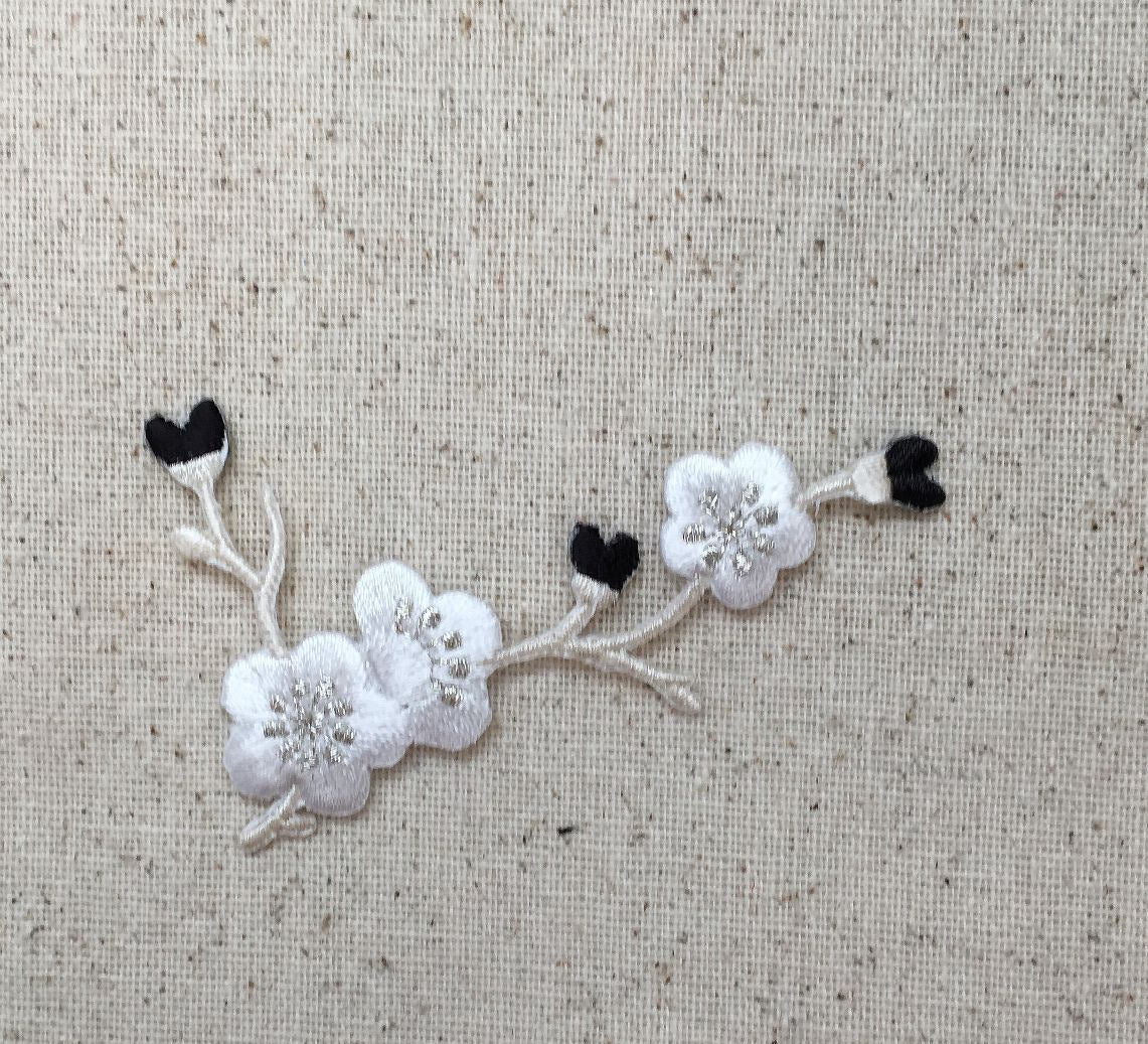 Cherry Blossom - Black/White/Silver Flowers - Cream Stem - LEFT or RIGHT - Iron on Applique - Embroidered Patch - 611517