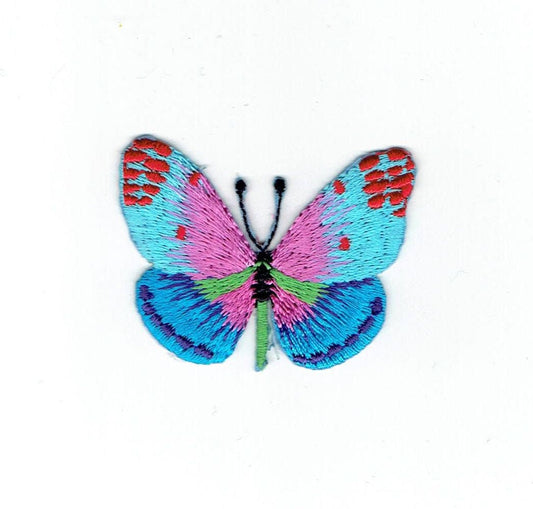 Butterfly - Blue/Pink - Red Dots - Iron on Applique - Embroidered Patch - 697166-A