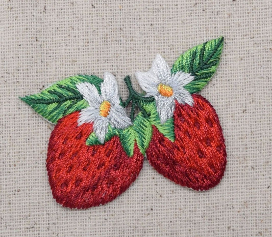 Double Strawberry - Two Strawberries  - White Blossoms - Fruit - Food - Embroidered Patch -  Iron on Applique  - 1511946-A