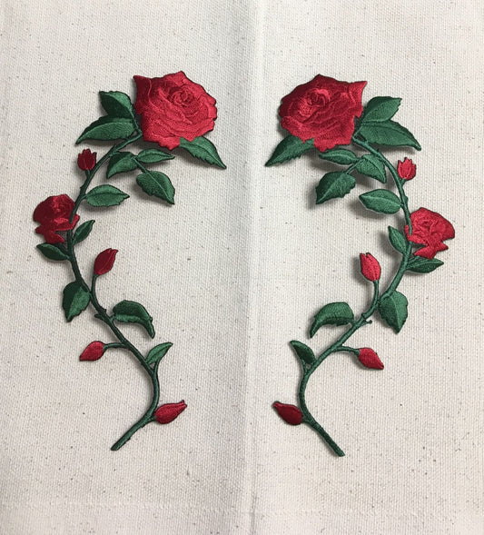 Red Rose - Open Petals on Long Stem - Flowers - Facing LEFT or RIGHT - Iron on Applique - Embroidered Patch - 695735