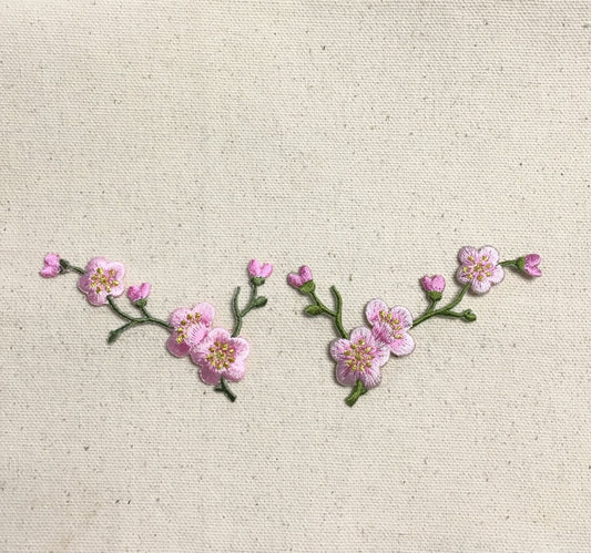 Cherry Blossom - Pink Flowers - Green Stem - LEFT or RIGHT - Iron on Applique - Embroidered Patch - 611517