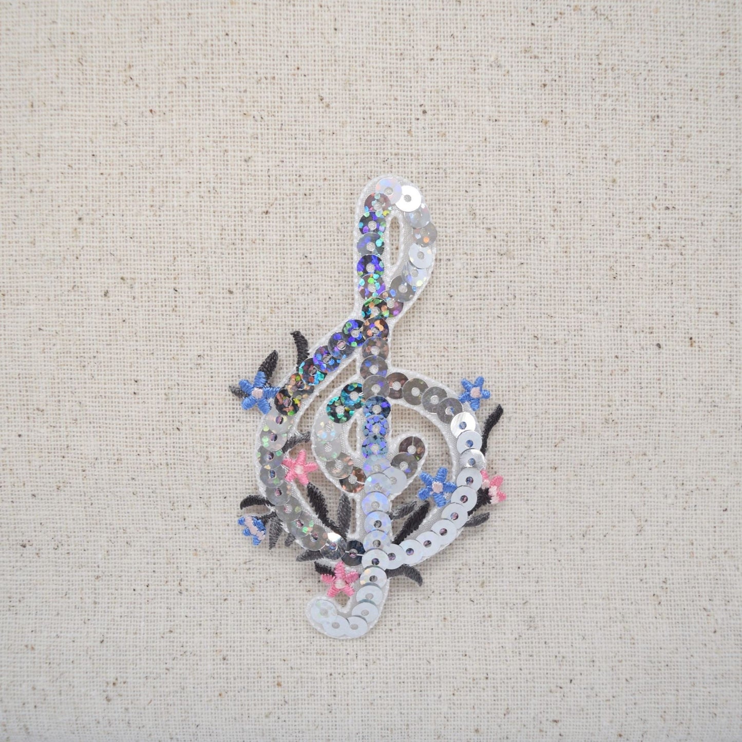 Silver Sequin - Music G Treble Clef - Note - Iron on Applique - Embroidered Patch - 1113081-A