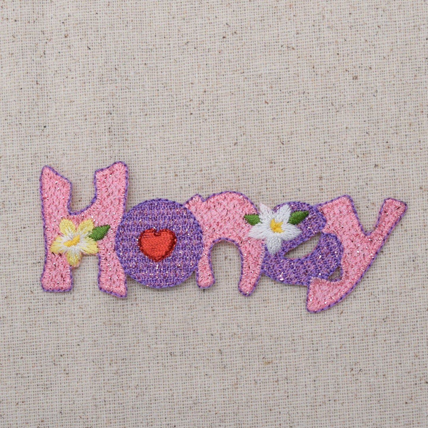 Honey - Pink/Purple - Shimmery - Heart/Flowers - Iron on Applique - Embroidered Patch - 154902-A