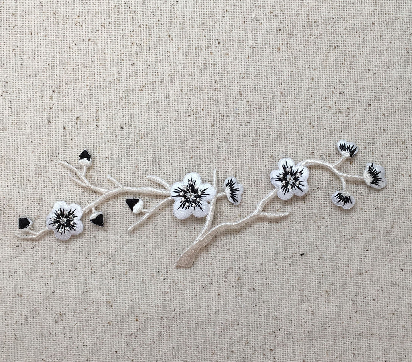 Cherry Blossom - White/Black/Silver Flowers - Cream Stem - LARGE - Iron on Applique - Embroidered Patch - 611528-HR