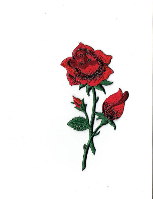 Red Rose - Buds on Stem - Flower - Iron on Applique - Embroidered Patch - 153103A