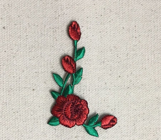 Red Rose Buds - on Stem - Facing Right - Iron on Applique - Embroidered Patch - 696801-AR