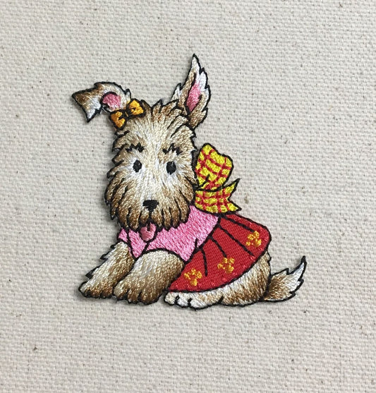 Terrier Dog in Pink/Red Dress - Plaid Bow - Animals/Pets/Puppy - Embroidered Patch - Iron on Applique - 157338-A