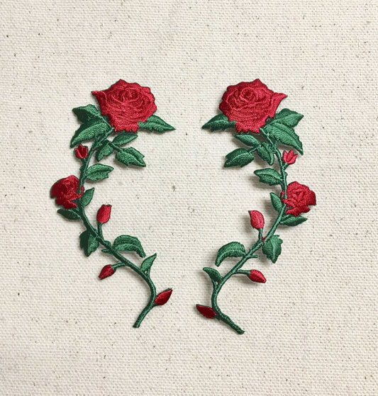 SMALL - Red Rose - Open Petals on Long Stem - Flowers - Facing LEFT or RIGHT - Iron on Applique - Embroidered Patch - 697243