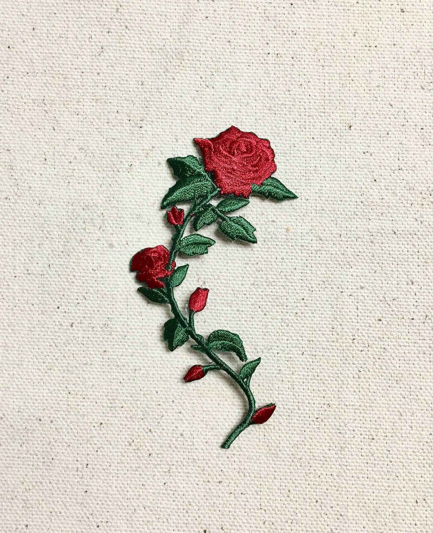 SMALL - Red Rose - Open Petals on Long Stem - Flowers - Facing LEFT or RIGHT - Iron on Applique - Embroidered Patch - 697243