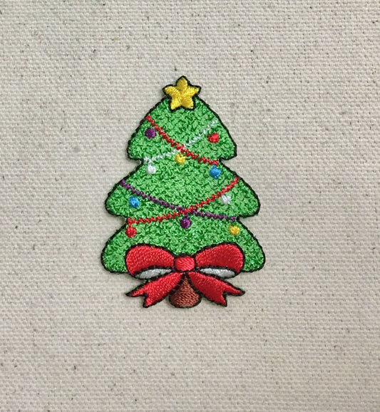 Christmas Tree - Shimmery with Red Bow - Iron on Applique/Embroidered Patch - 155200-A