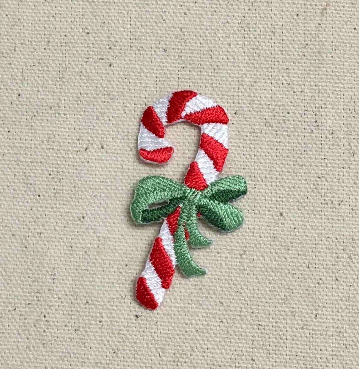 Christmas Candy Cane - Green Bow - Iron on Applique - Embroidered Patch