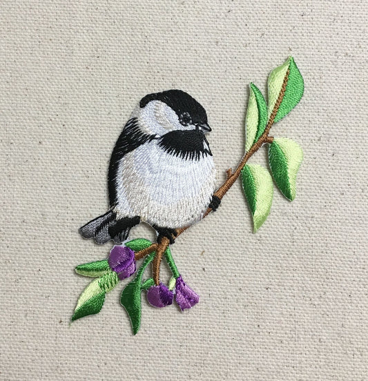 Chickadee - Bird - Sitting on Branch - Purple Flowers - Iron on Applique - Embroidered Patch - 697227-A