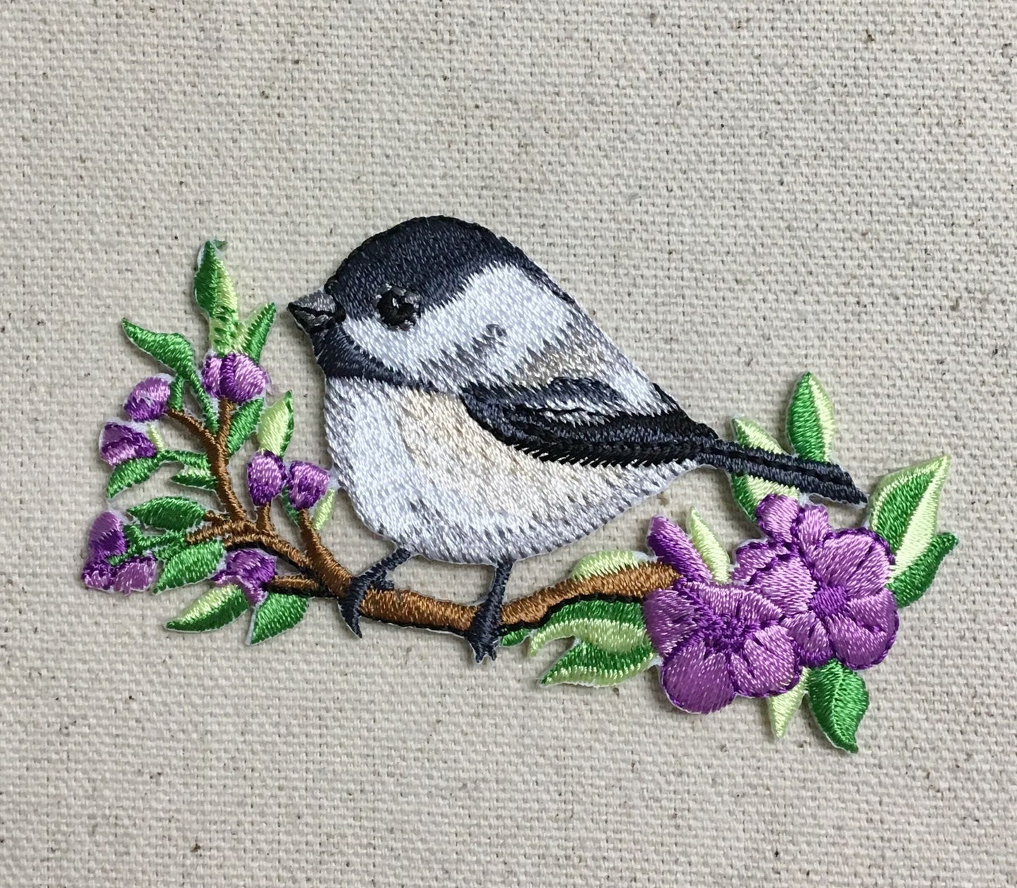 Chickadee - Bird - Sitting on Branch - Purple Flowers - Iron on Applique - Embroidered Patch - 697185-A