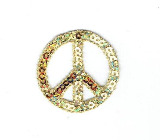 Peace Sign - Gold Sequin - Iron on Applique - Embroidered Patch - 1125783-G