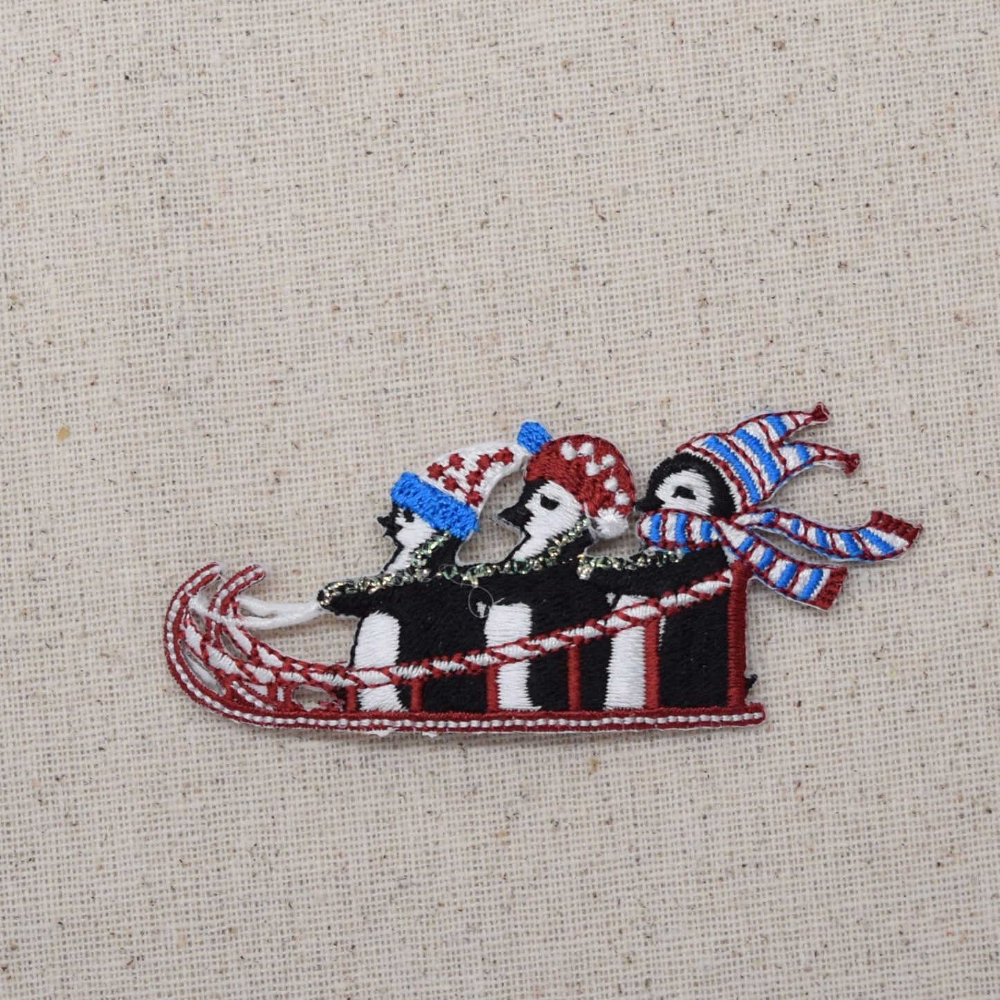 Three Penguins - Sledding - Winter - Iron on Applique - Embroidered Patch - 696452-A