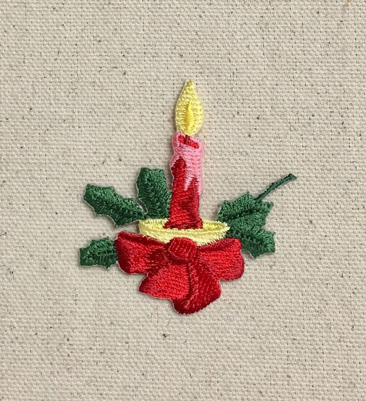 Christmas - Candle - Red Bow - Green Holly - Iron on Applique - Embroidered Patch - 697273-A