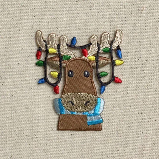 Christmas Moose - Face/Head - Lights in Antlers - Iron on Applique - Embroidered Patch - 697266-B