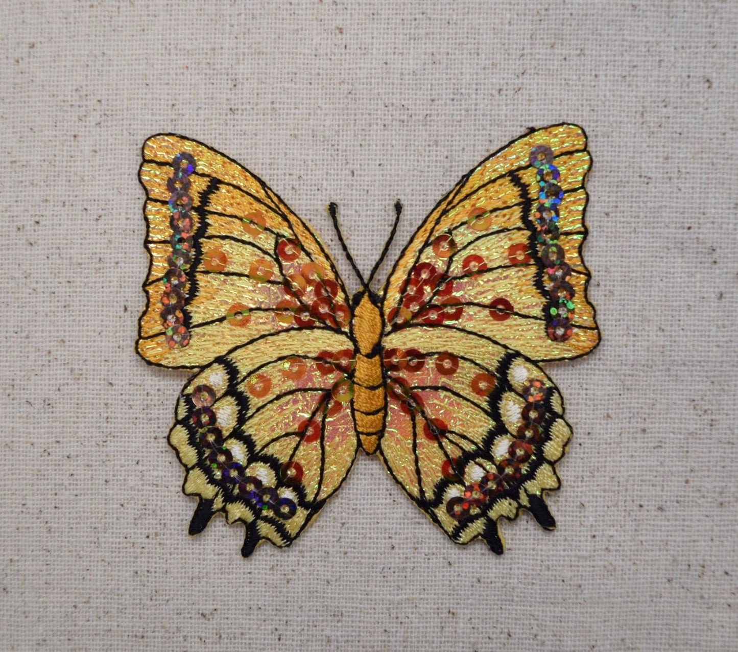 Butterfly - Orange Sequin - Iron on Applique - Embroidered Patch