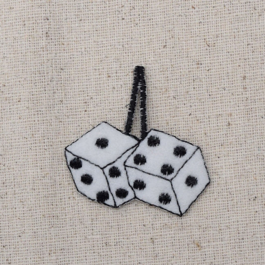 White Fuzzy Dice - 50's Culture - Iron on Applique - Embroidered Patch - 1120955-A