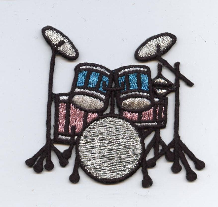 Drum Kit - Pink/Turquoise - Musical Instrument - Iron on Applique - Embroidered Patch - 25182-C