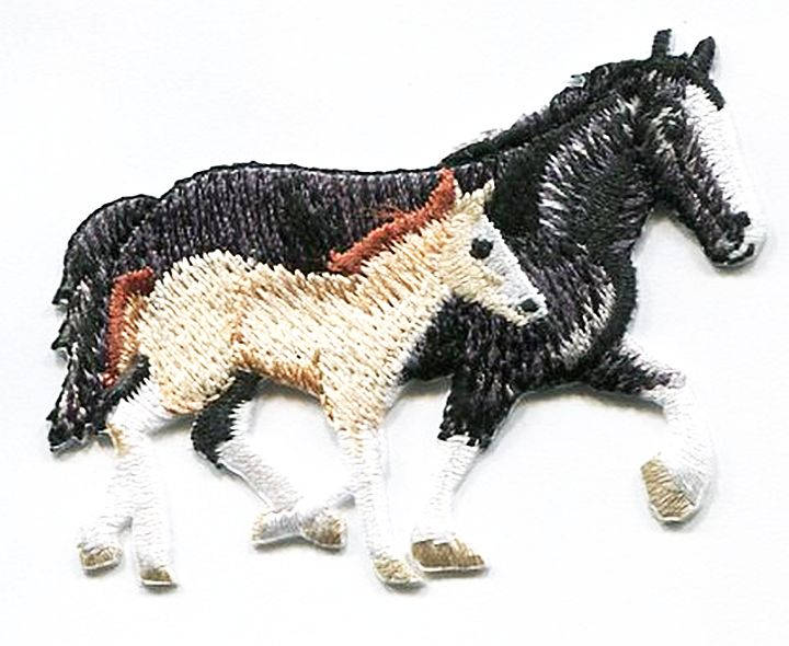 Two Horses - Black/Buckskin - Mare/Colt - Mother/Baby - Walking Right - Embroidered Patch - Iron On Applique - 697308-A