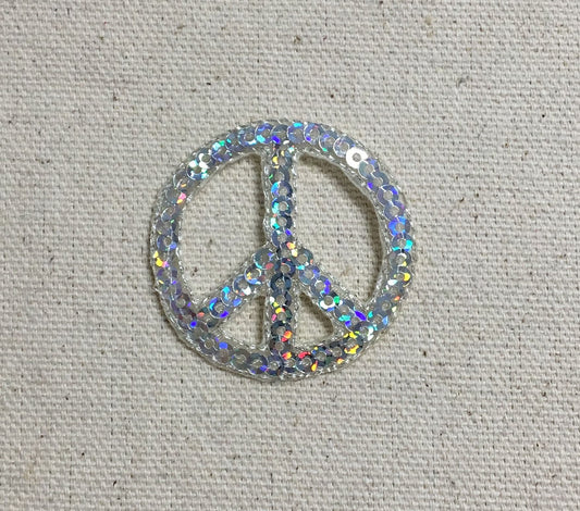 Peace Sign - Silver Sequin - Iron on Applique - Embroidered Patch - 1125783-C