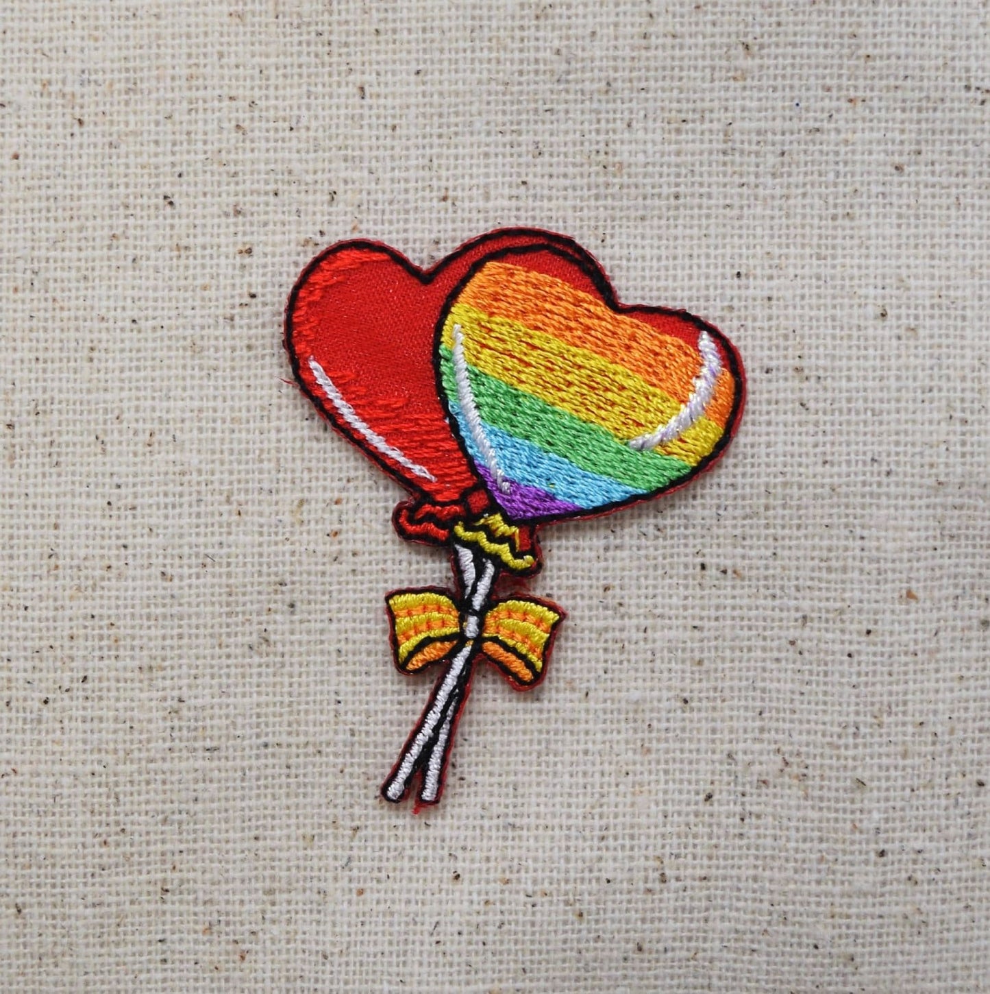 Heart Balloons - Red/Rainbow Stripes - Iron on Embroidered Patch