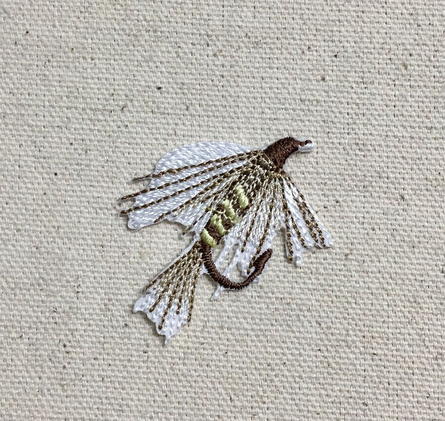 Small Fishing Fly - White/Brown - Lure - Bait - Iron on Applique - Embroidered Patch - 697349-A