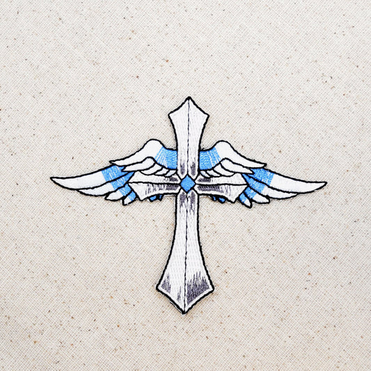 Cross with Blue Angel Wings - Blue/Gray - Embroidered Patch - Iron on Applique - WA196