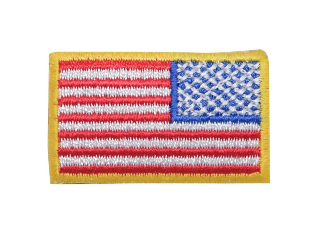 REVERSE American Flag - Small - Yellow Border - USA - Patriotic - Iron on Applique - Embroidered Patch