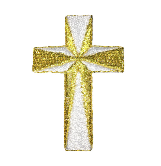 Religious Cross - Gold/White - Iron on Applique - Embroidered Patch