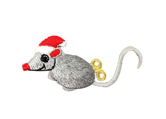 Gray Christmas Mouse - Wind-up Toy Key - Santa Hat - Embroidered Patch - Iron on Applique