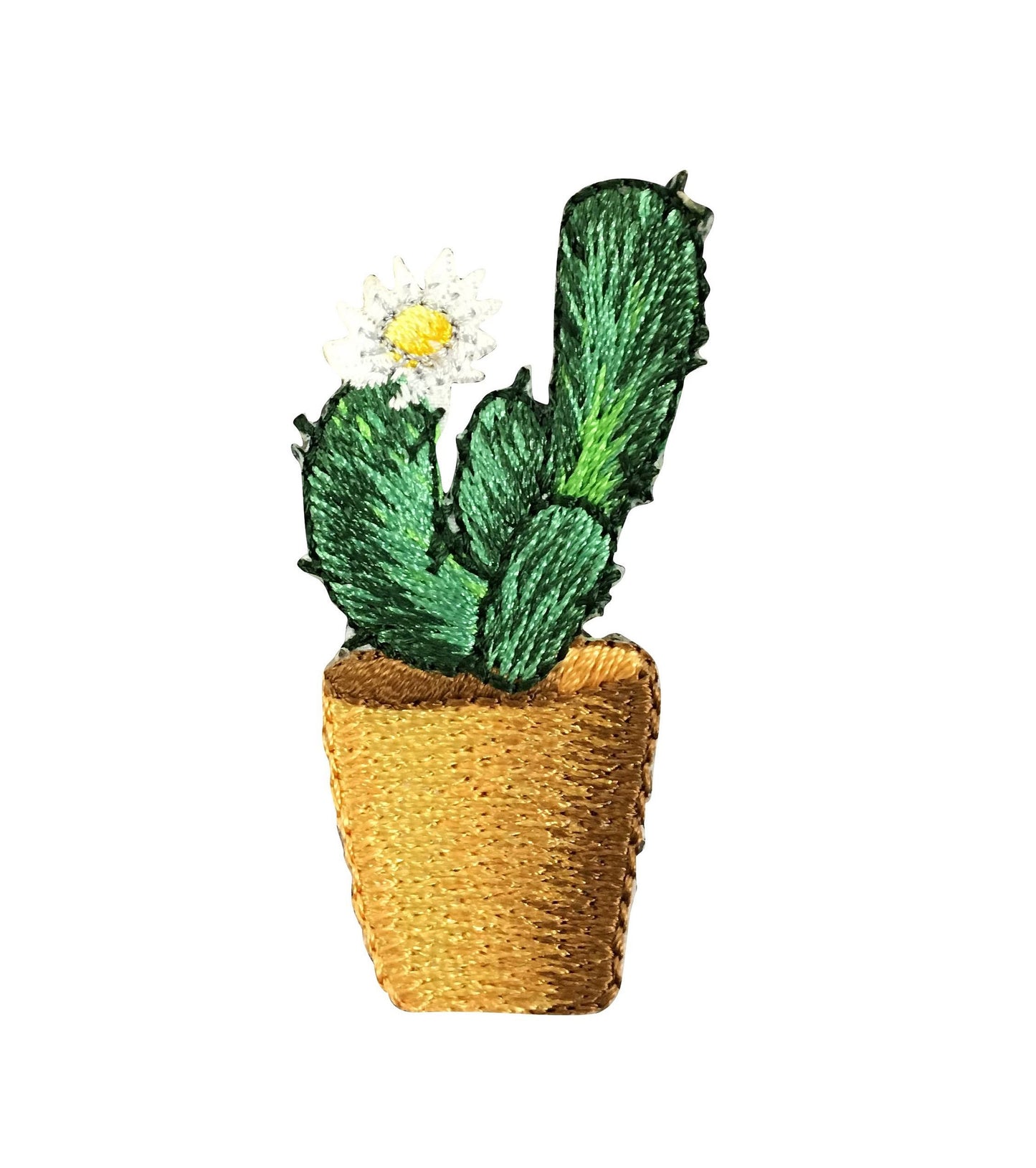 Cactus with White Flower - Brown Pot - Desert Plant - Embroidered Iron on Patch