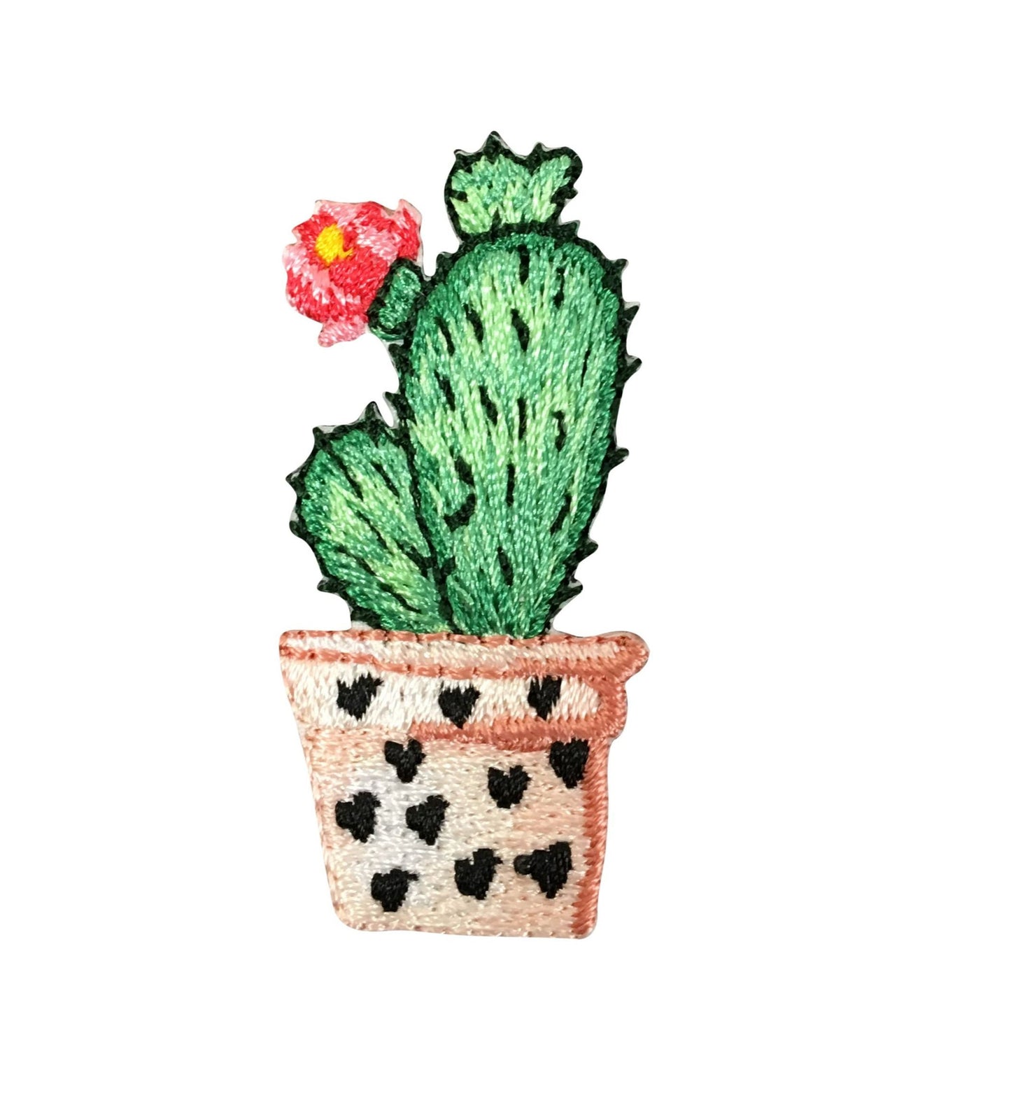 Cactus - Pink Flowers - Pink Pot with Hearts - Desert Plant - Embroidered Iron on Patch