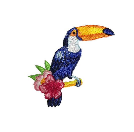 Blue Toucan - Tropical Bird - Sitting on Branch - Pink Flowers - Iron on Applique - Embroidered Patch - 1521079-A