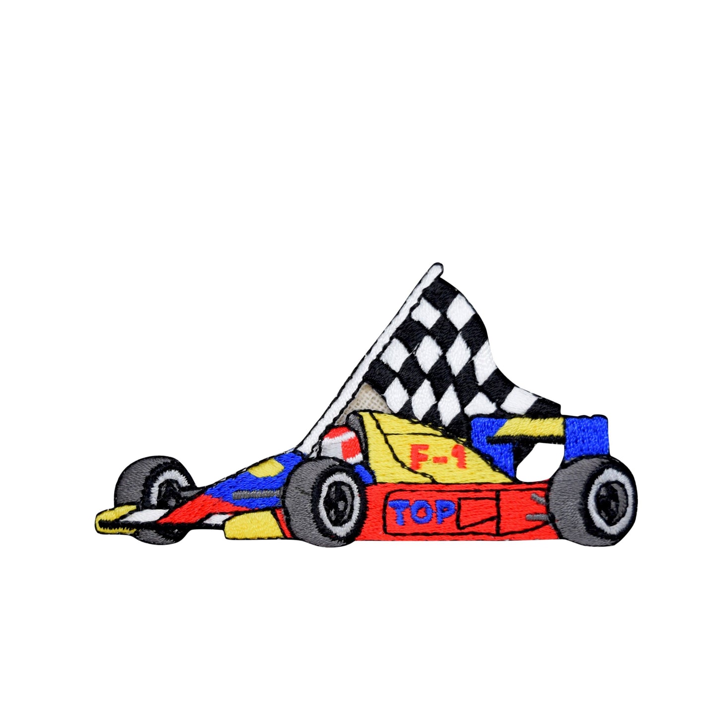 Yellow/Red Race Car - Checkered Flag - Iron on Applique - Embroidered Patch - Formula One Style -  151516A