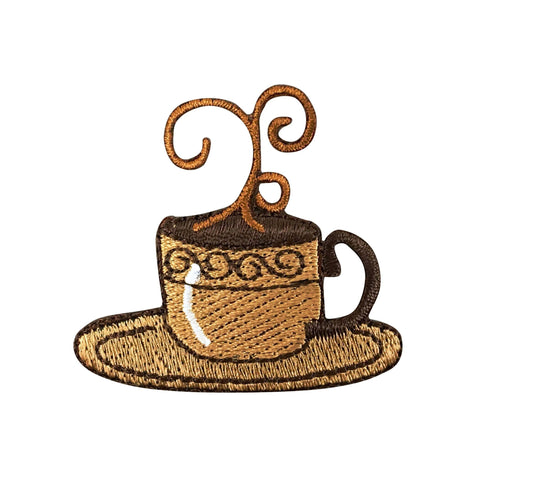Coffee Cup - Brown Cup/Saucer - Espresso/Latte - Iron on Applique Patch - Embroidered Patch