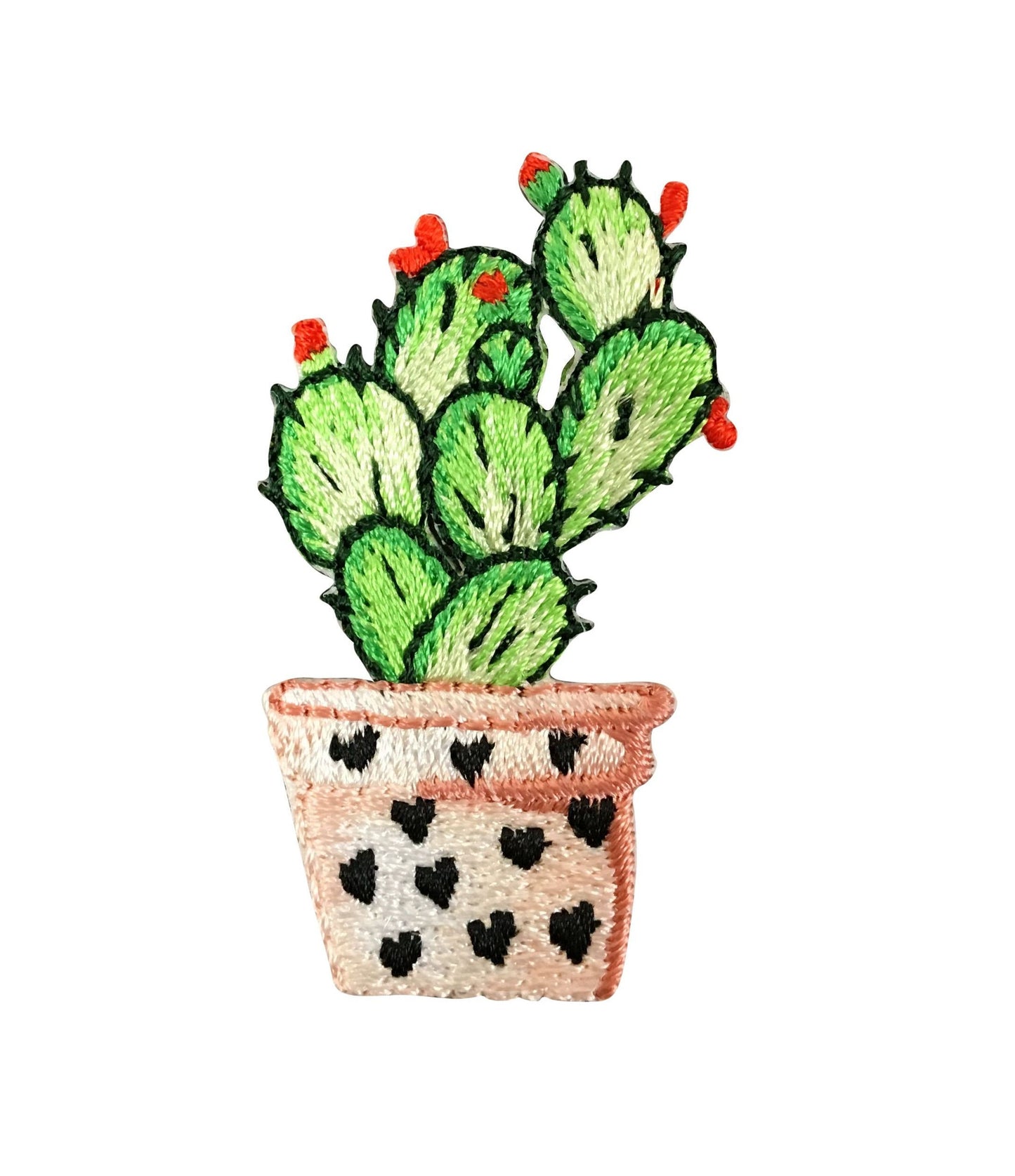 Cactus - Red Flowers - Pink Pot with Hearts - Desert Plant - Embroidered Iron on Patch