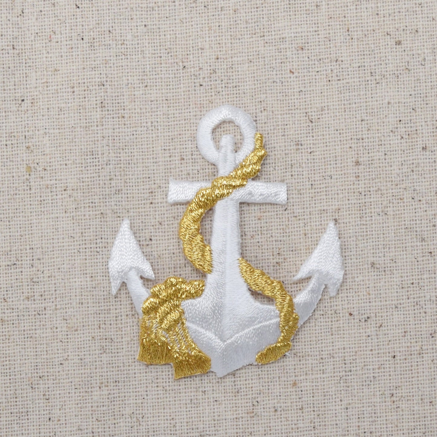 White/Gold - Nautical Anchor - with Rope - Iron on Applique - Embroidered Patch