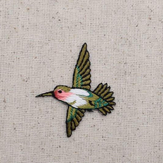 Small - Ruby Red Throat Hummingbird - Flying Left  - Iron on Applique - Embroidered Patch 116098-A