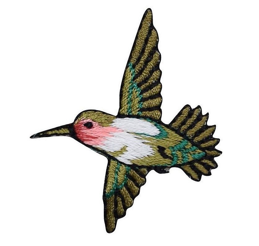 Small - Ruby Red Throat Hummingbird - Flying Left  - Iron on Applique - Embroidered Patch 116098-A