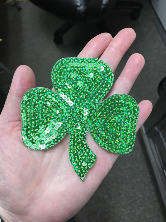 X-Large 4" - Shamrock - Clover - Green Sequin - Irish/St.Patrick's - Embroidered Patch - Iron on Applique