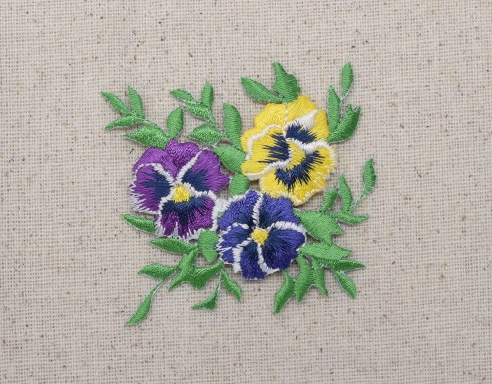 Pansies Bunch - Small - Yellow/Blue/Purple Flowers - Iron on Applique - Embroidered Patch - 691859-L