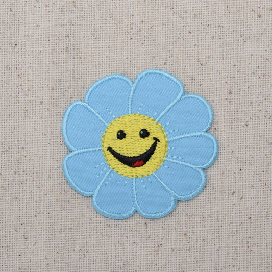 Smiling Blue Daisy Flower Iron on Patch Embroidered